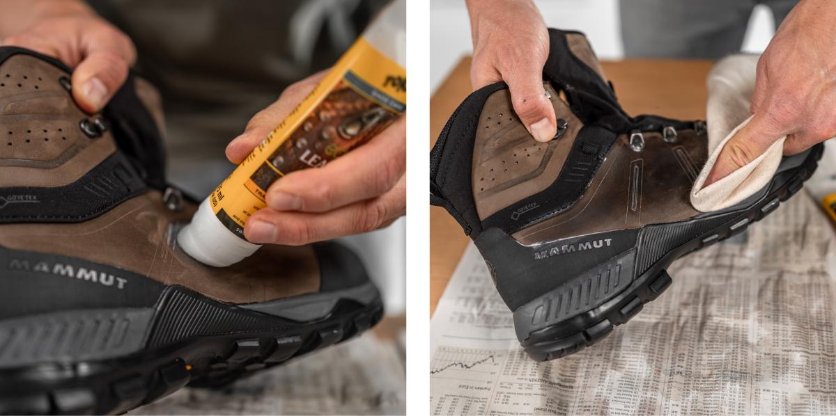 Two images showcasing a person applying Mammut leather care product to a hiking boot and then expertly polishing it with a cloth.