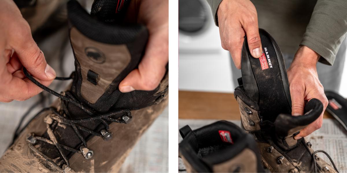 Close-up of hands adjusting the shoelaces and inner lining of a pair of muddy Mammut hiking boots designed for mountaineering.