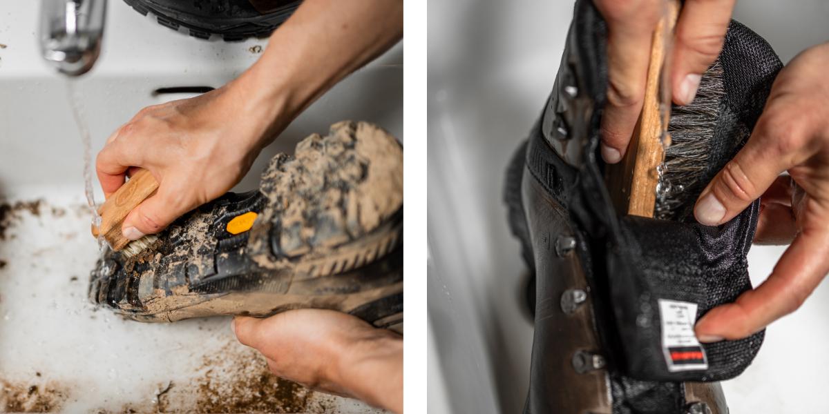 Person cleaning the soles of a muddy Mammut boot under running water on the left and brushing the inner part of the Mammut boot on the right.