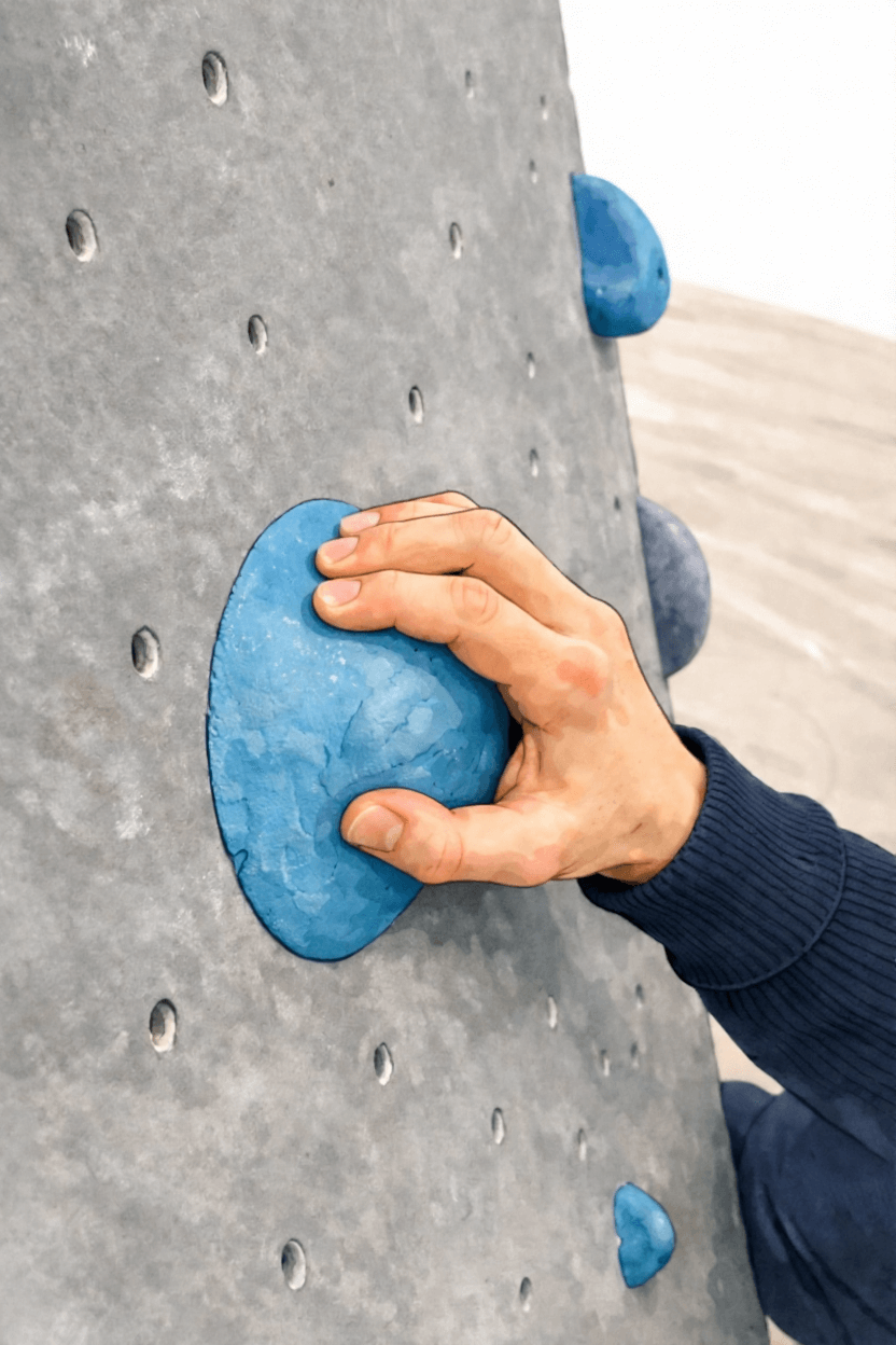 A climber’s hand gripping a Mammut white sloper hold on an indoor climbing wall, with an arrow pointing to it labeled "SLOPER".