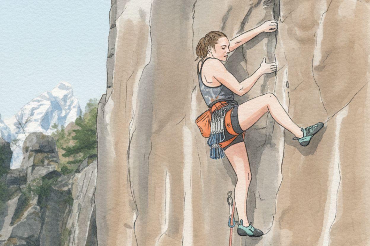 Climber scaling a steep cliff, securely gripping a rock flake with Mammut climbing gear attached to their harness.