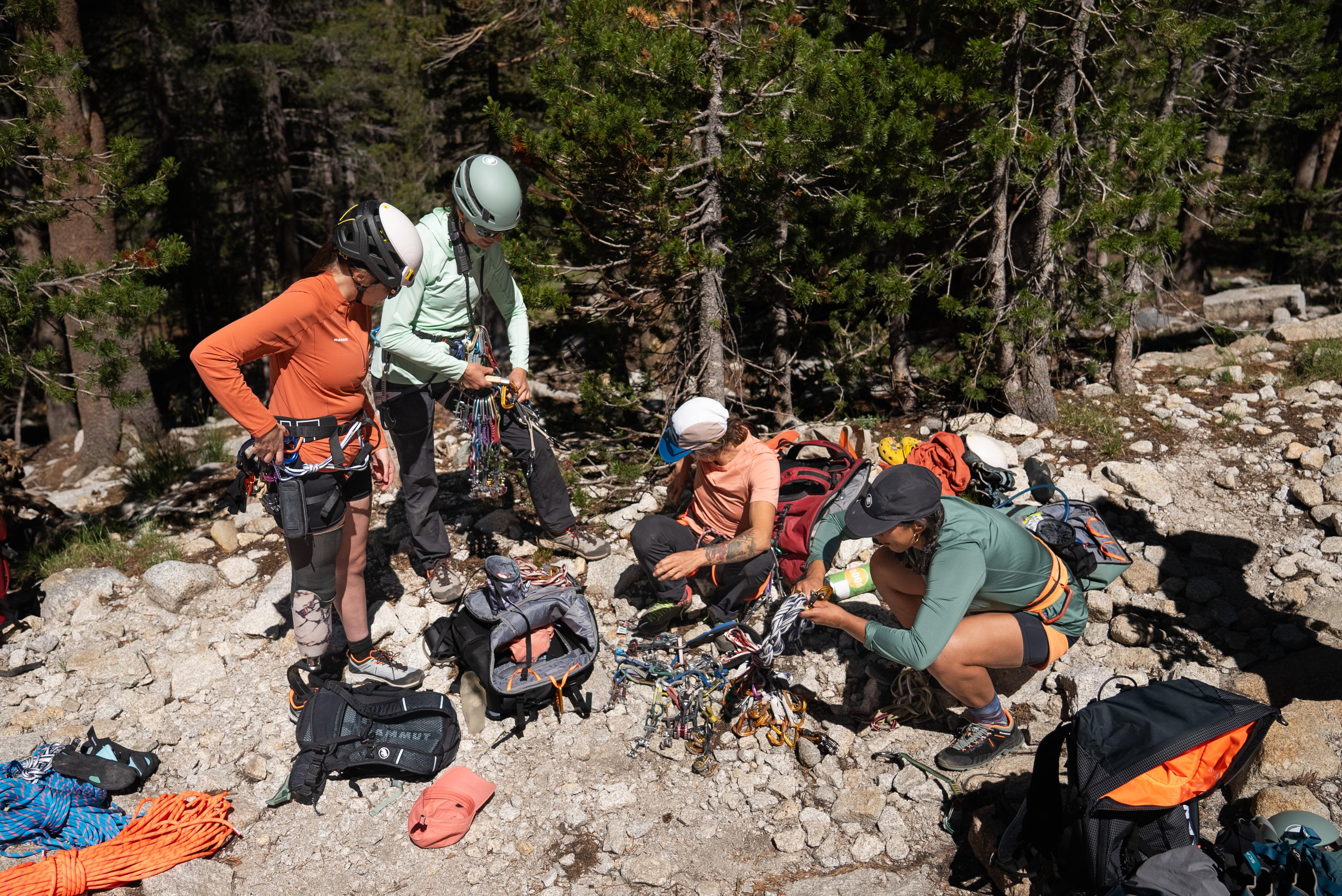 Four climbers in Mammut climbing gear organize ropes and equipment on rocky ground in a forested area, preparing for a mountaineering adventure.