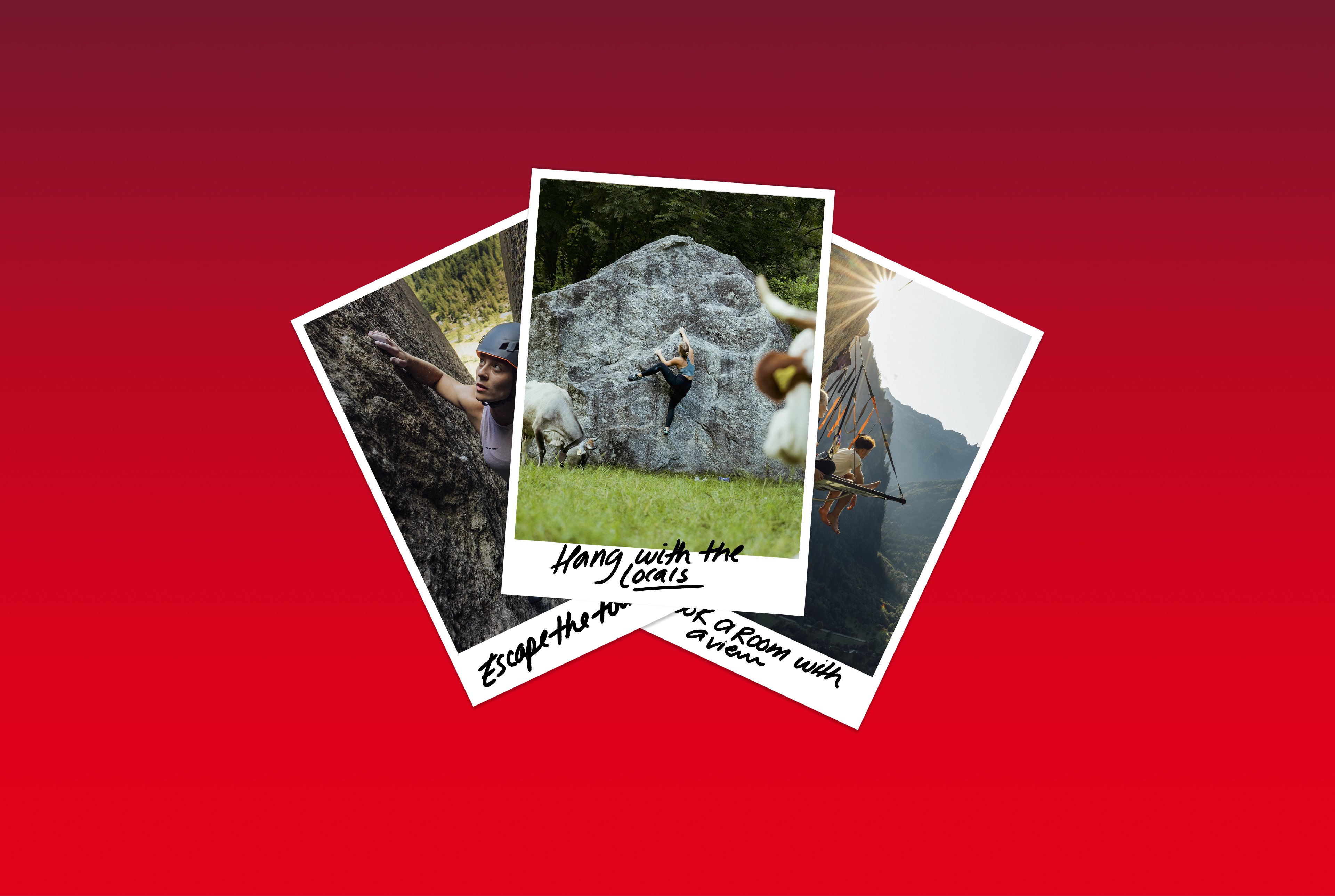 Three Polaroid photos of people rock climbing in Mammut gear, displayed over a red gradient background.