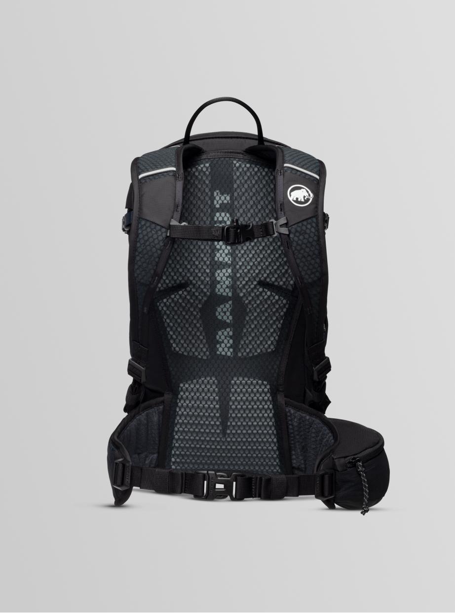 A Mammut black hiking backpack with multiple straps, a padded waist belt, and the Mammut logo on the side, displayed on a plain background.