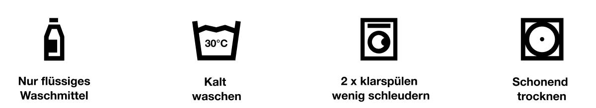 Laundry care symbols for Mammut gear: Use liquid detergent, wash at 30°C (65-85°F), double rinse with a low spin, and tumble dry.