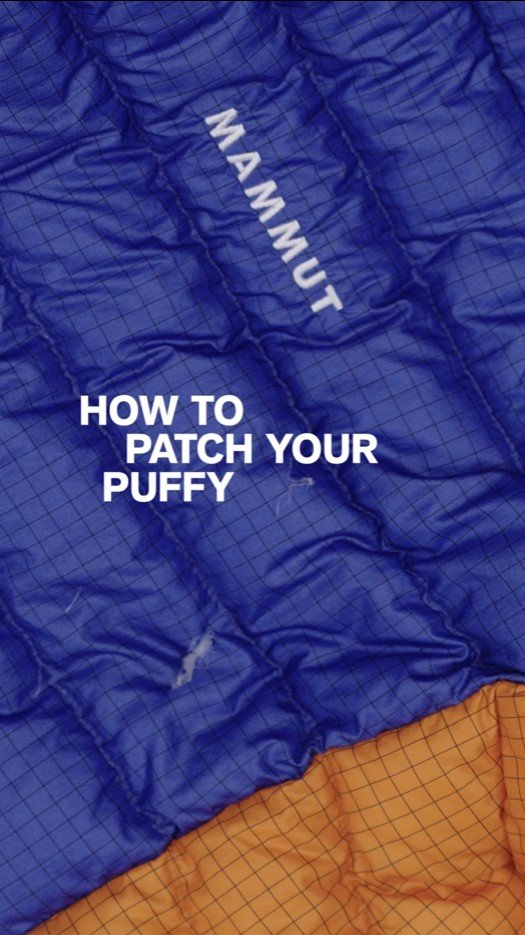 Close-up of a blue Mammut puffy jacket by outdoor brand Mammut, with text overlay: "How to patch your puffy.