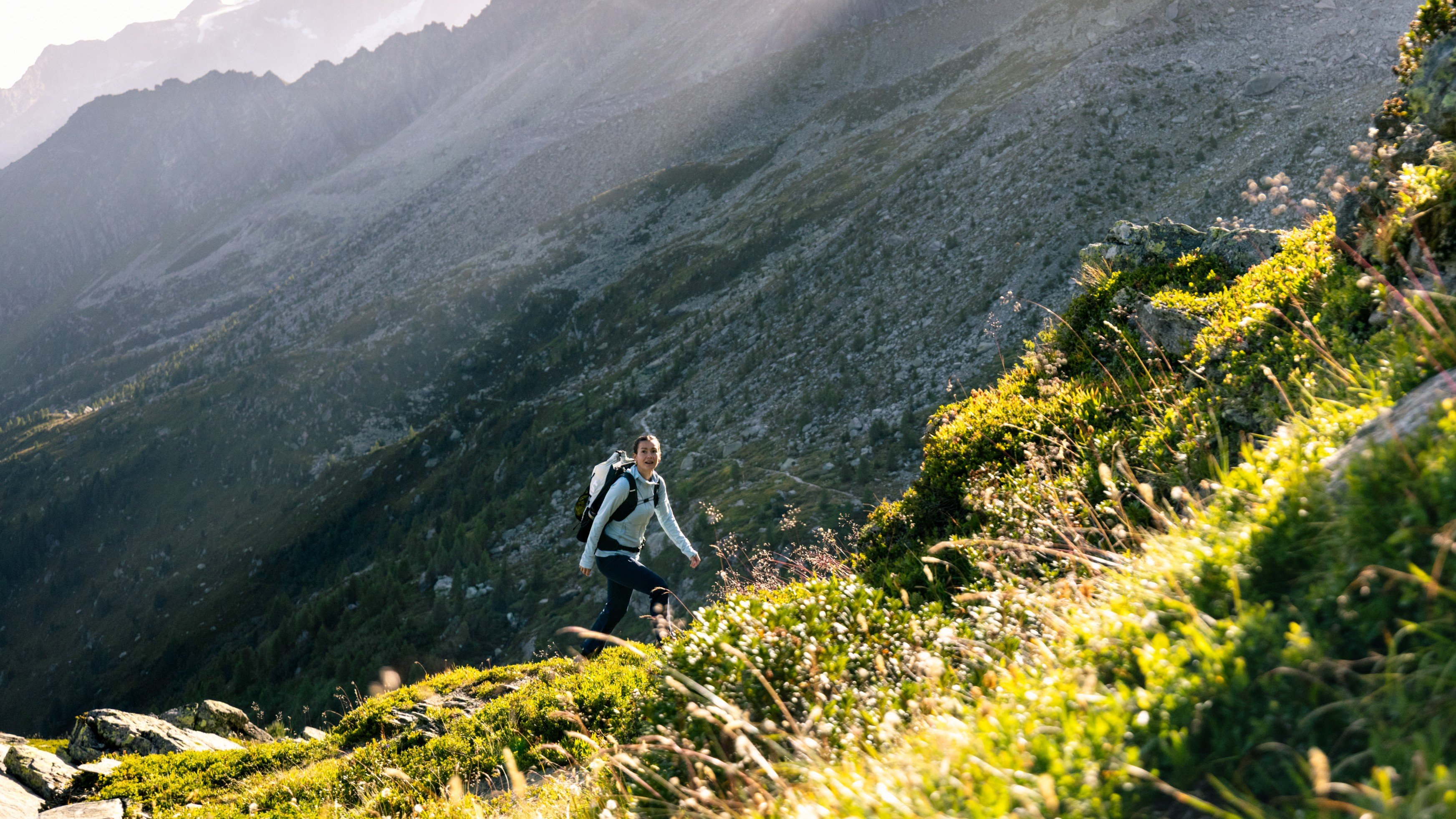 Hiker wearing Mammut gear ascends a lush, green mountain slope with a backpack, sunlight illuminating the rugged terrain.