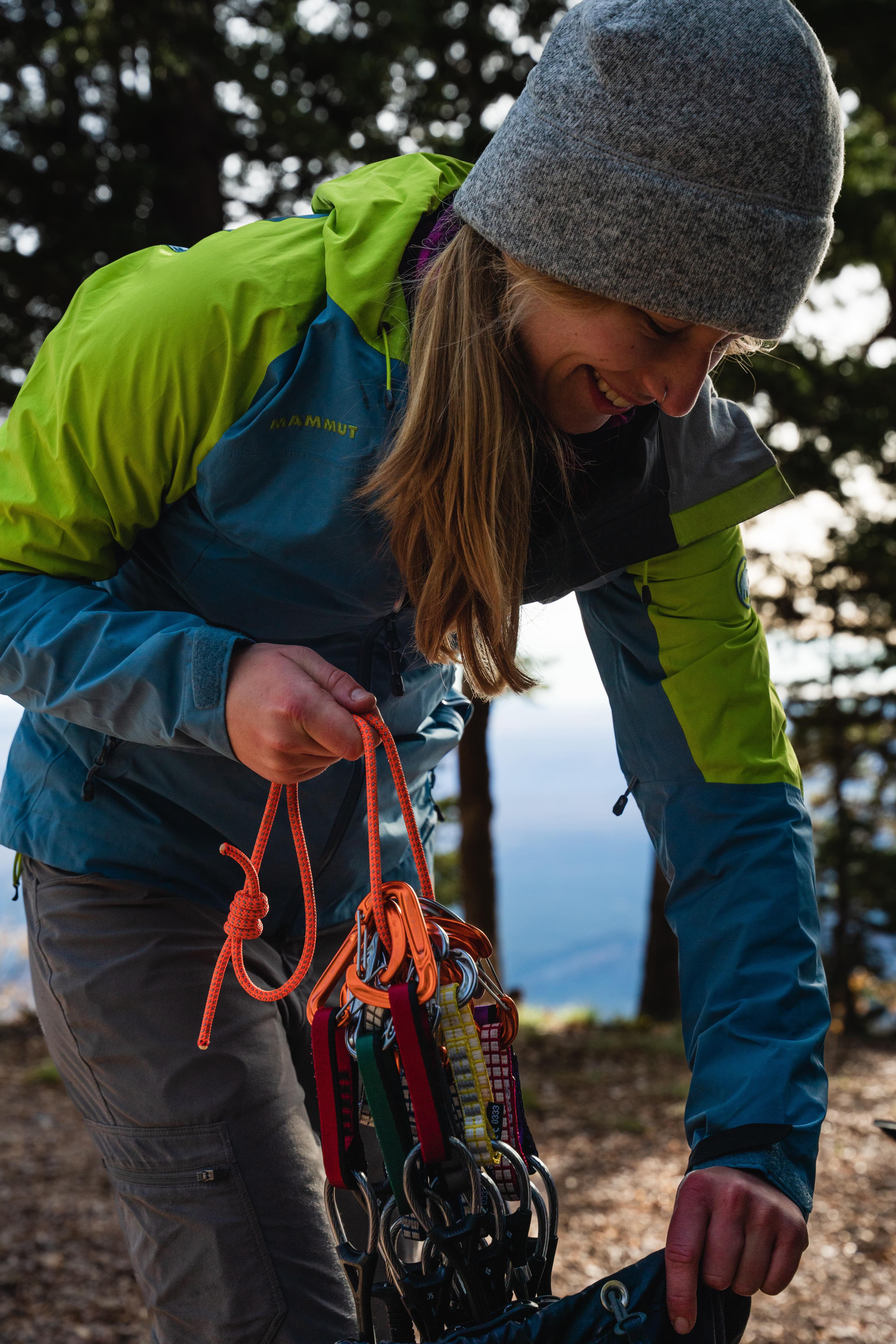 Erikka sorts climbing equipment