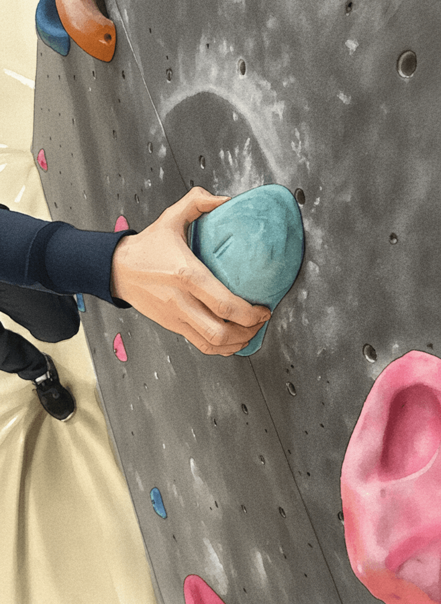 A climber’s hand pinching a hold on an indoor climbing wall, featuring a "PINCH" label—shows Mammut-style bouldering technique.