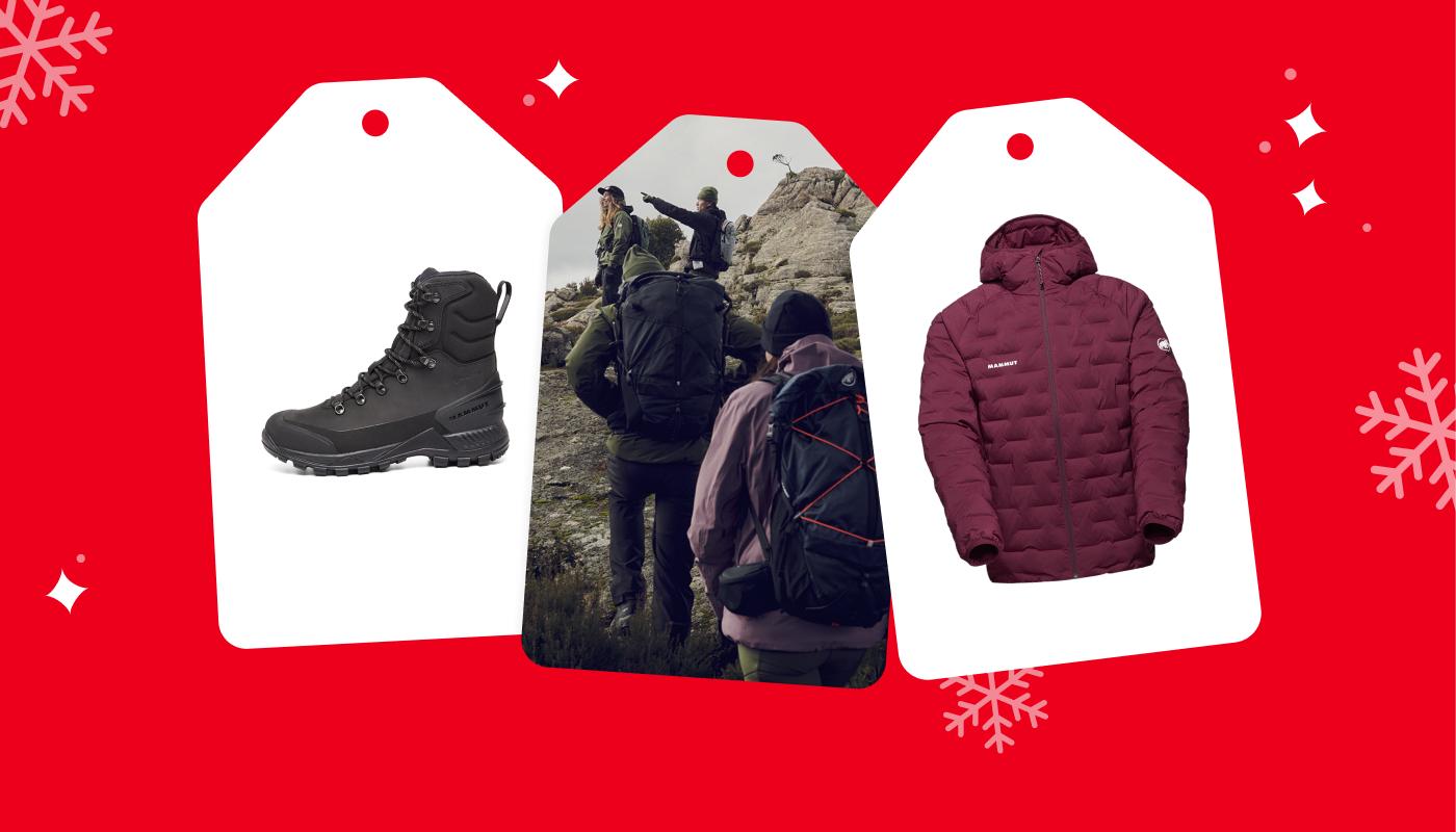 Mammut red skiing jacket, skier catching air, and Mammut red backpack featured on decorative tags with snowflakes and stars, set against a dark winter-themed background.