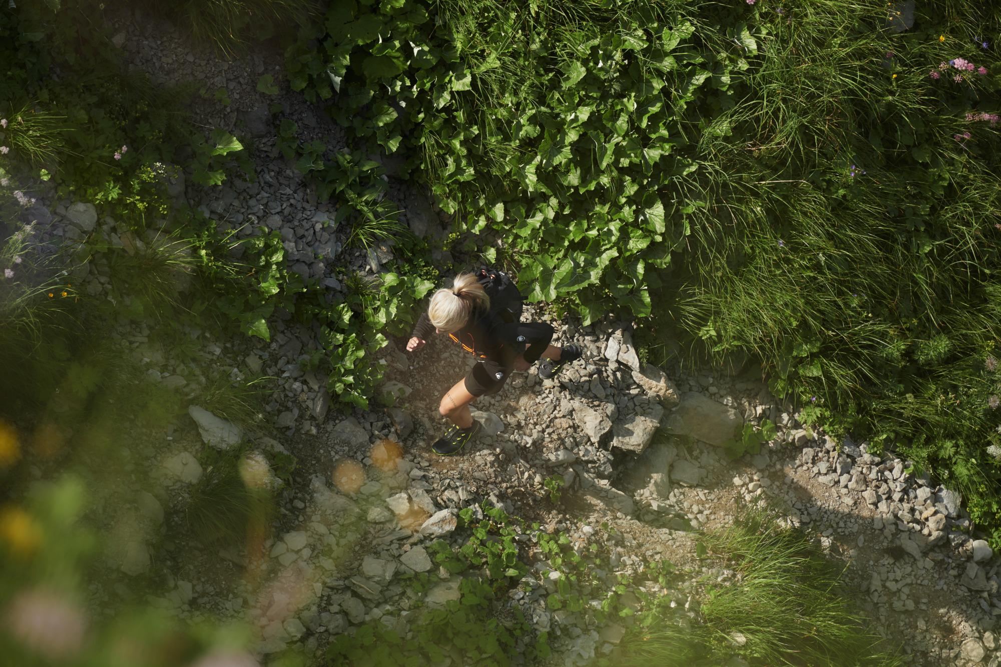 Aerial view of a hiker wearing a Mammut backpack walking on a rocky trail surrounded by lush greenery.