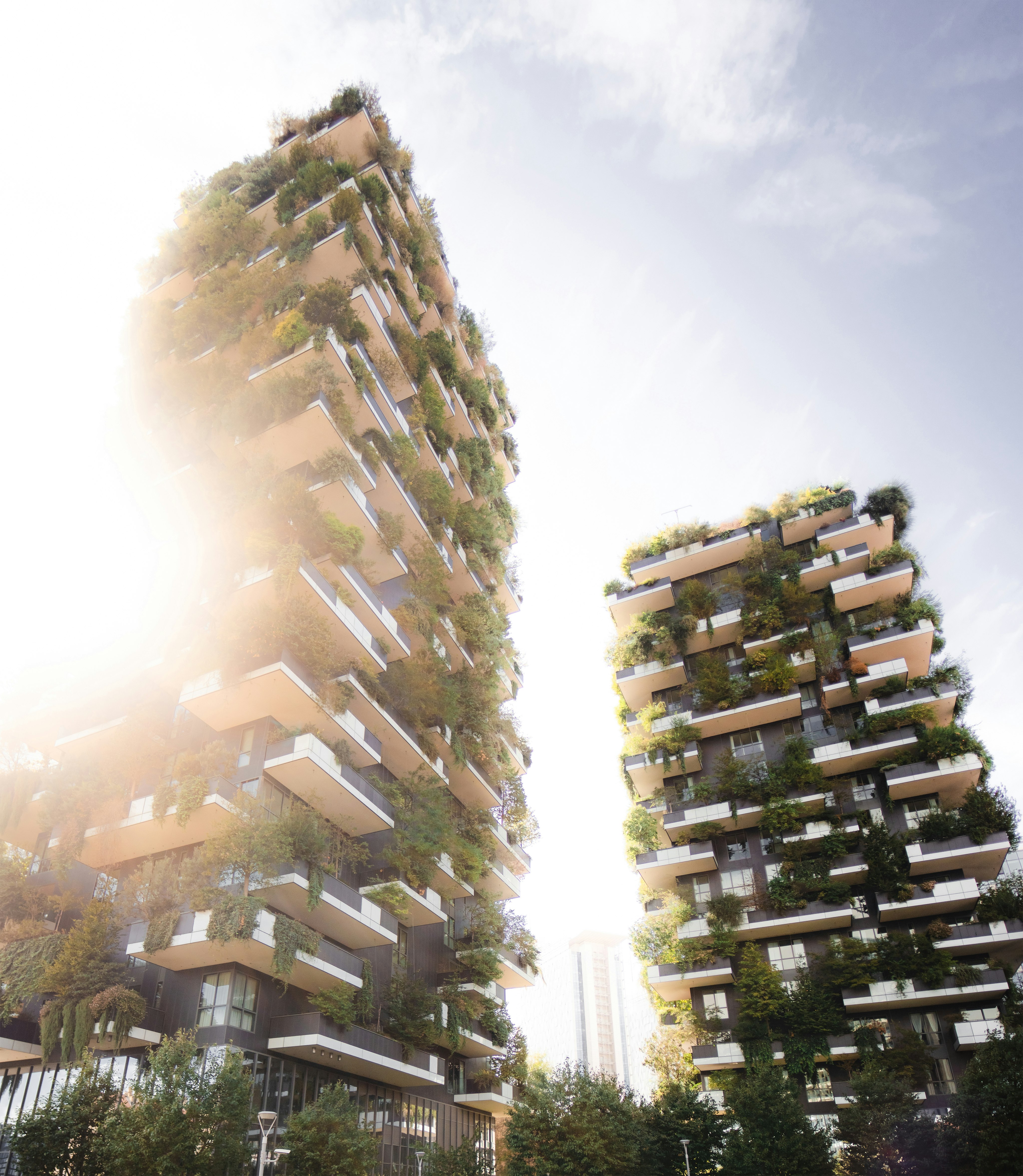 High-rise building with green planting.